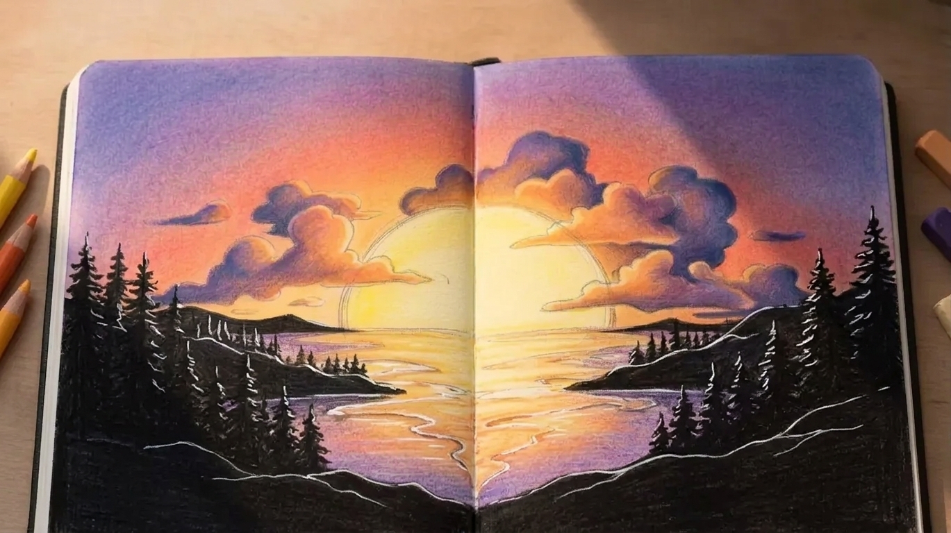 finished sunset silhouettes reflections highlights glowing sky beginner drawing final step artwork