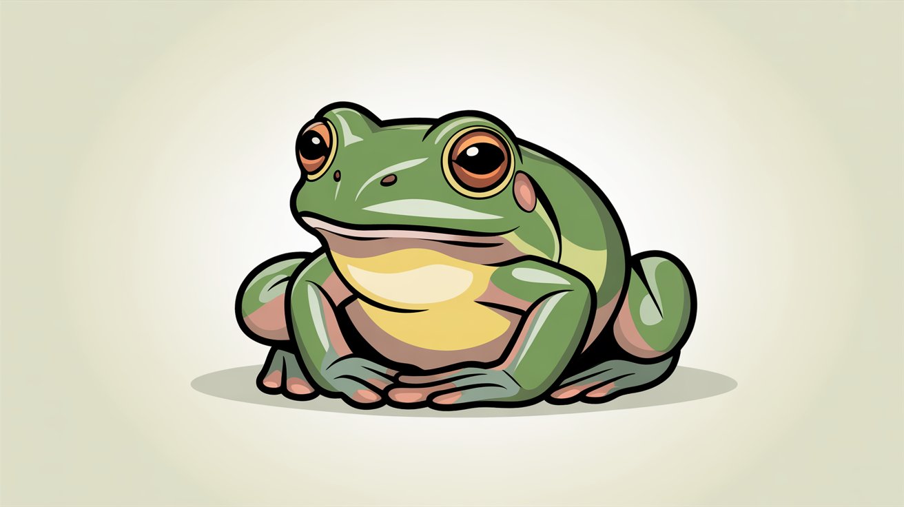 Calm green frog with orange eyes and yellow belly rests peacefully with folded hands on beige