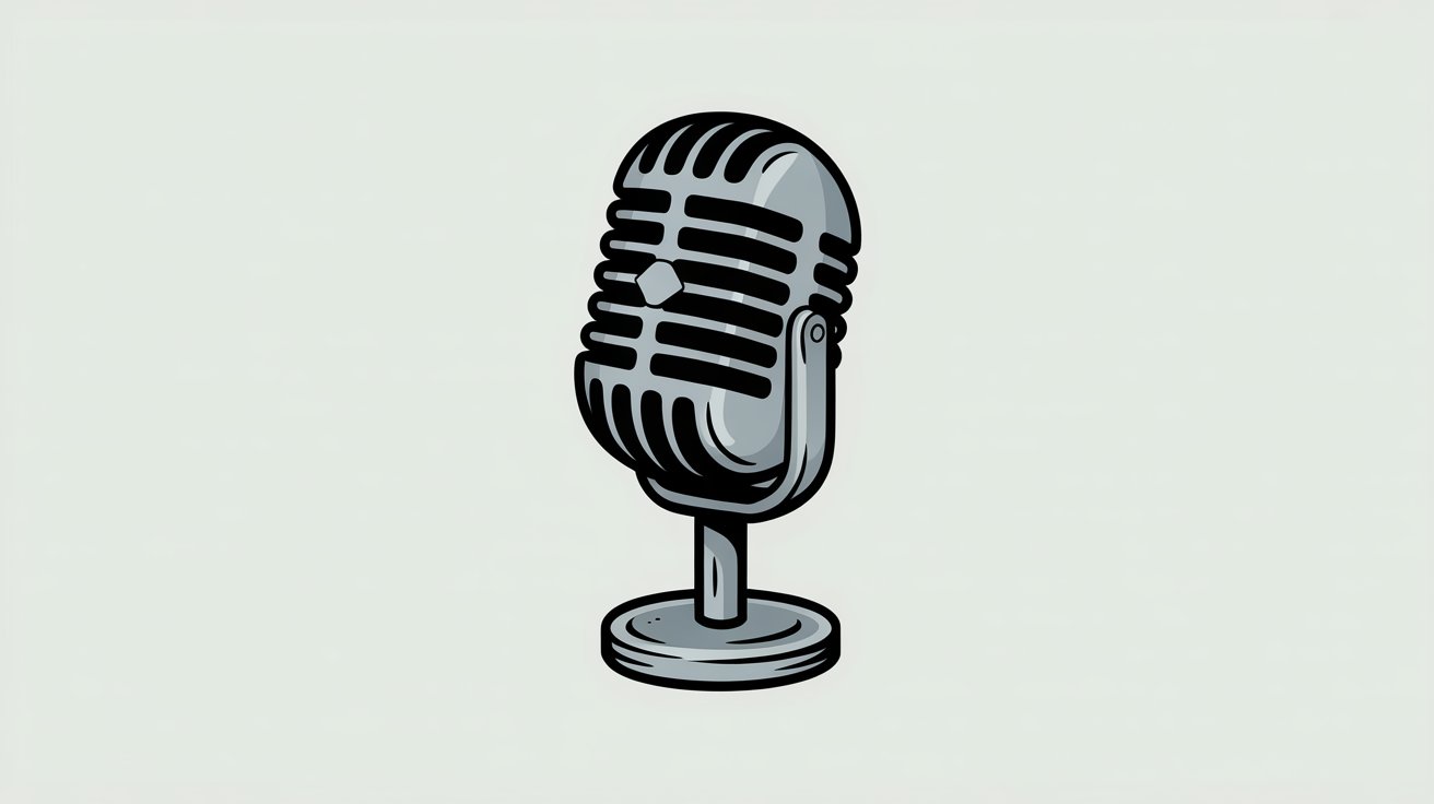Retro silver vintage microphone drawing on stand with black grille details on light gray backdrop.