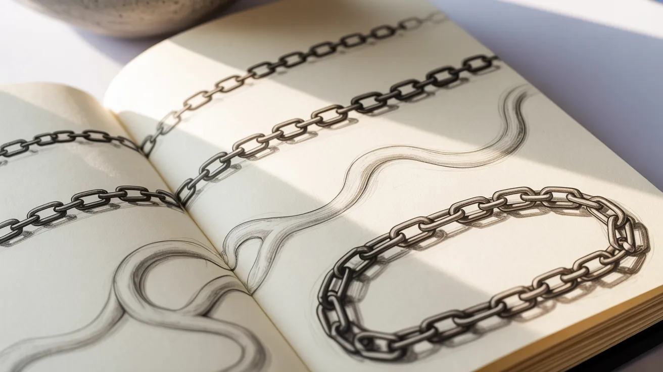 Chain drawings in straight curved and circular styles on sketchbook page