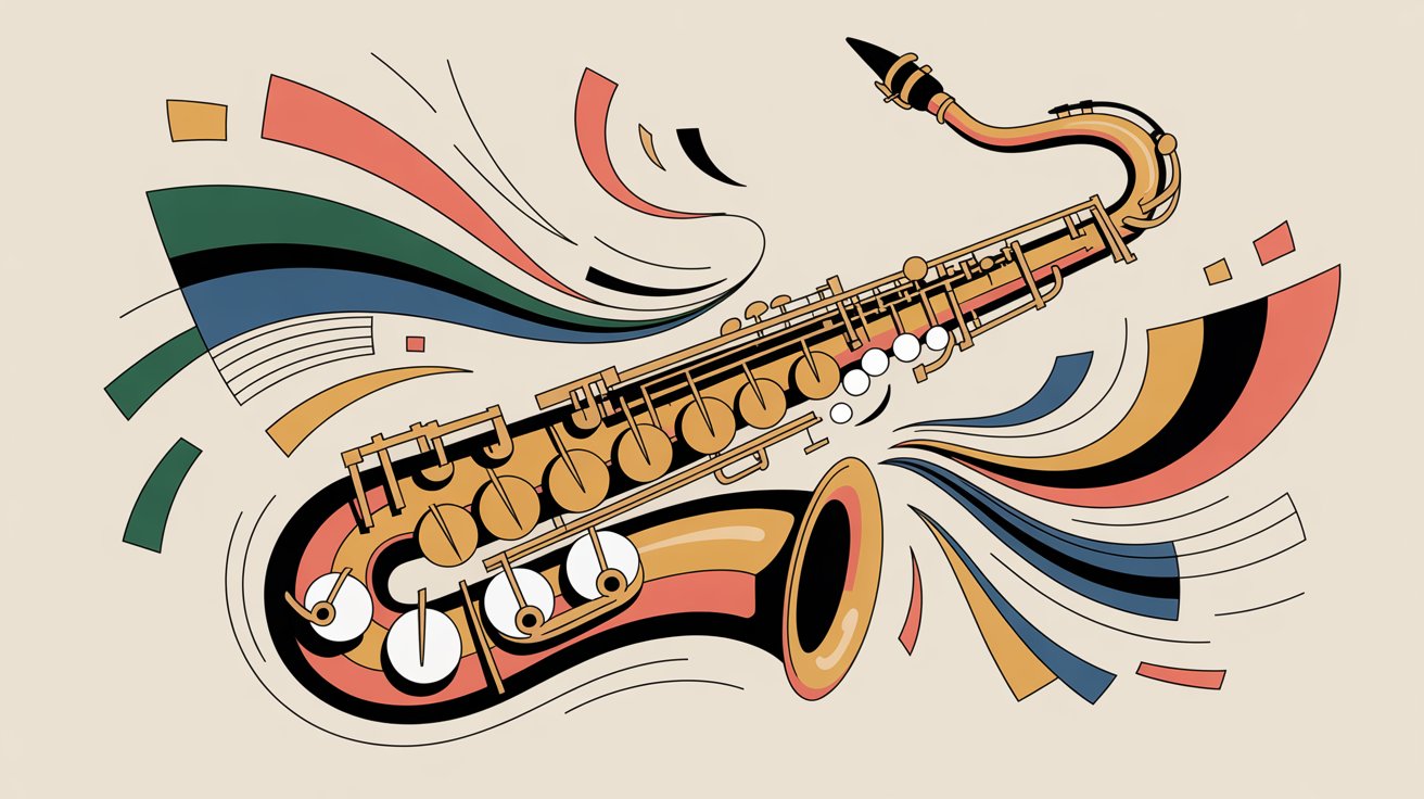 Abstract vector illustration of a brass saxophone surrounded by dynamic geometric shapes in coral, teal, and navy.