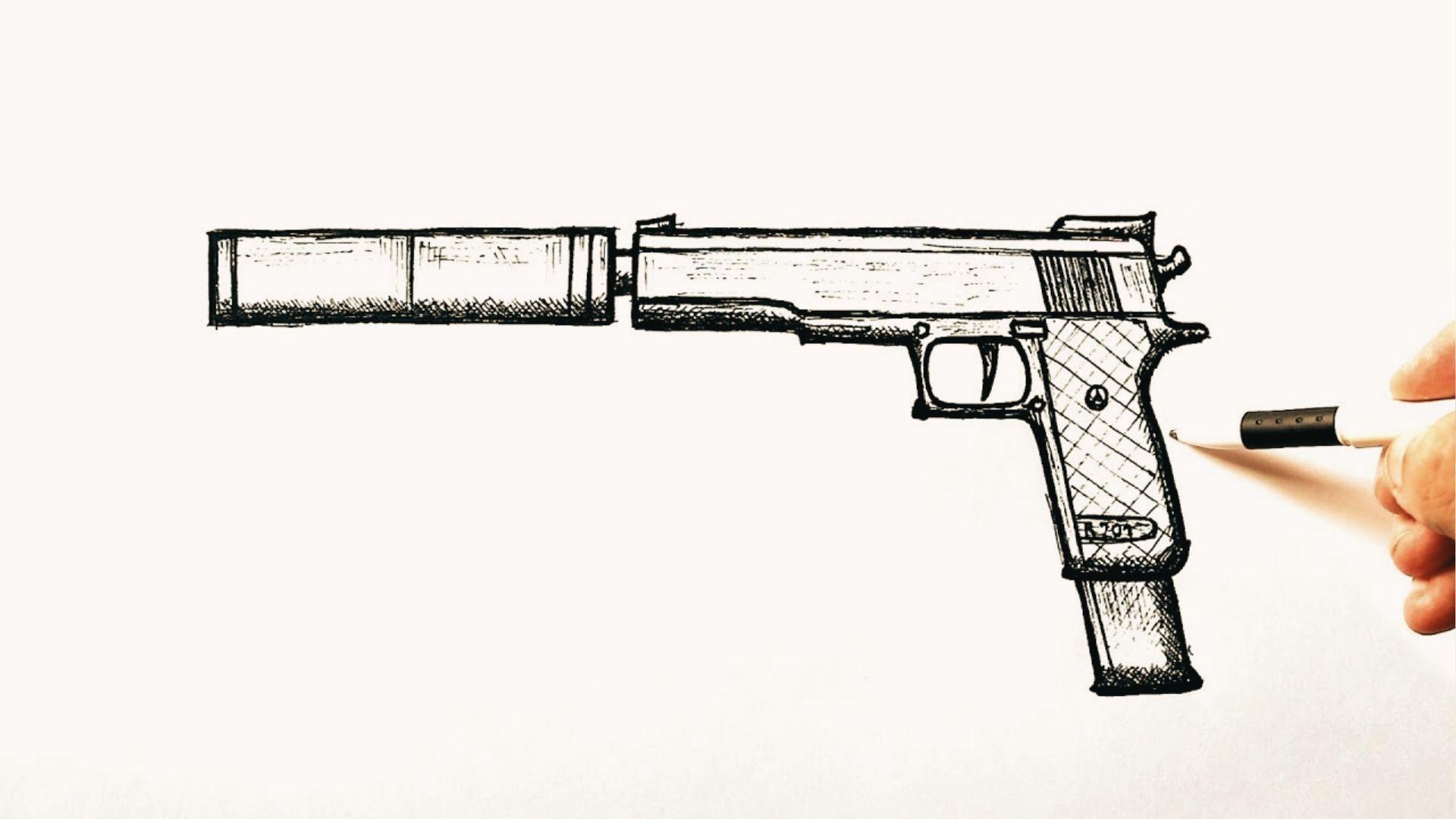 Hand holding a pen while drawing a detailed pistol with suppressor and cross-hatched grip.