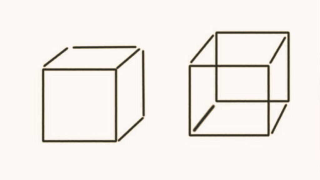 How to Draw a Cube Step-by-Step for Beginners Two line drawings side by side: a solid cube on the left and a transparent wireframe cube on the right.