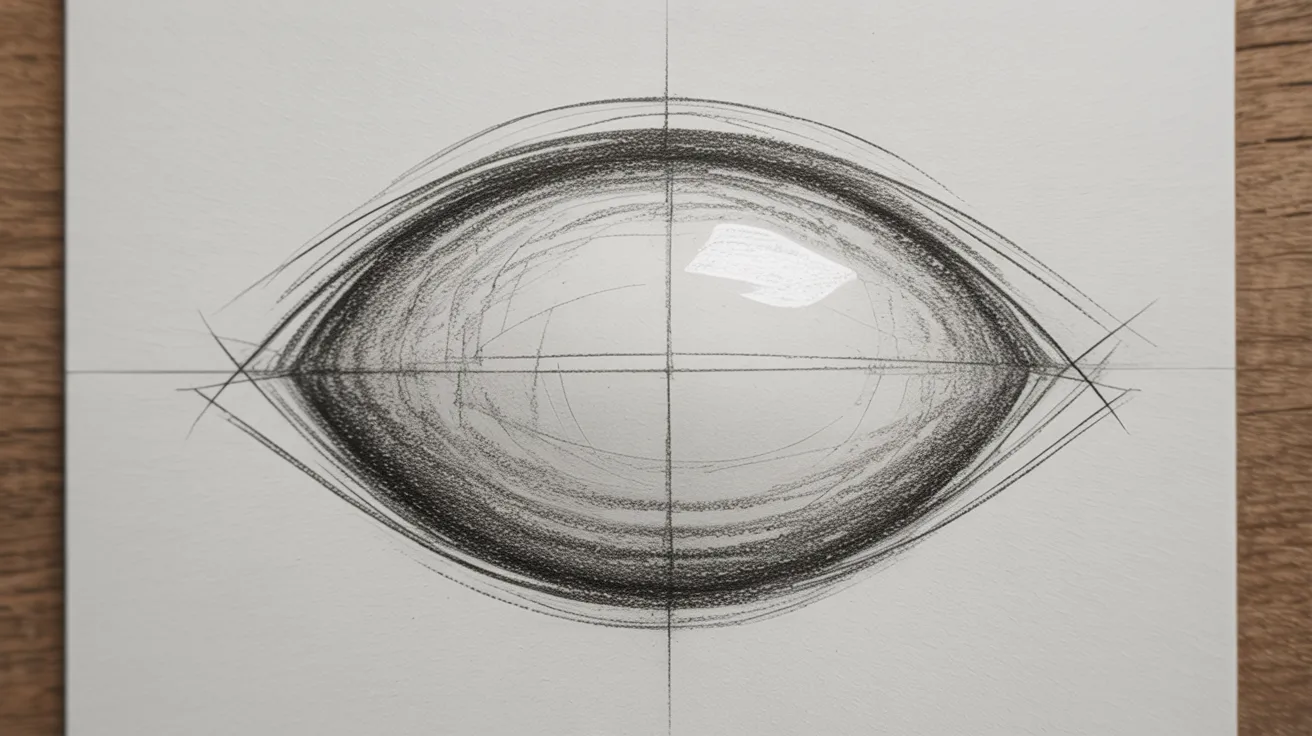 Dragon eye drawing step with oval shape and eyelids lightly sketched using pencil