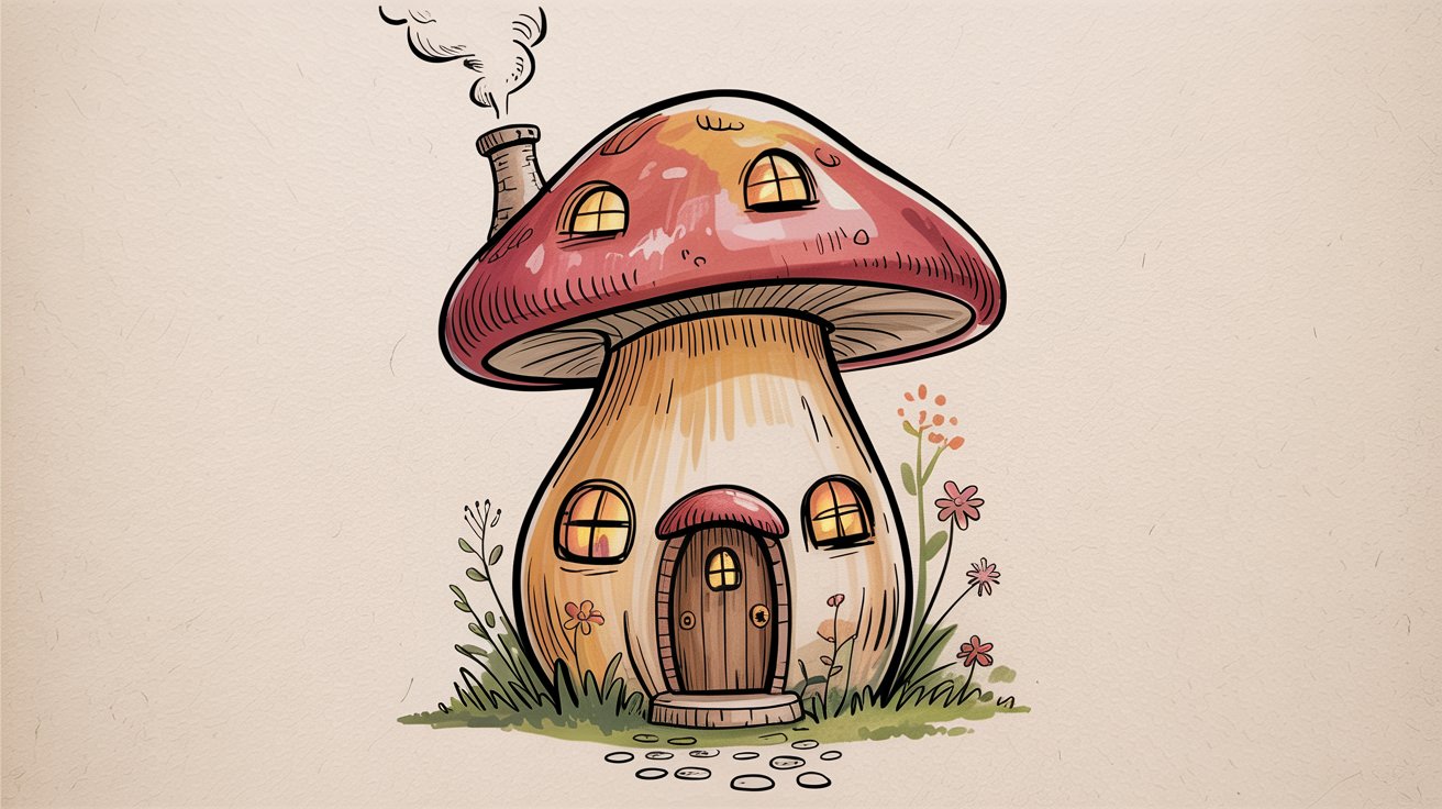 Whimsical mushroom house with a red cap roof, wooden door, glowing windows, and a chimney.