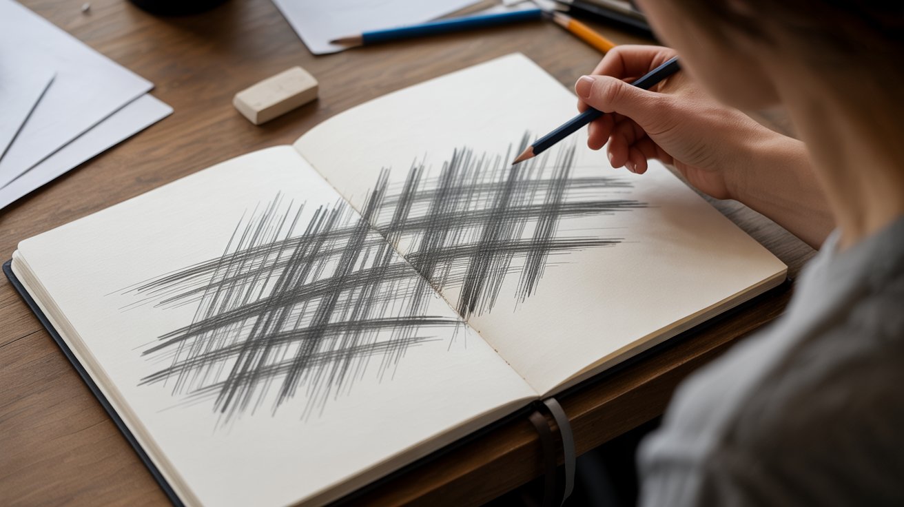 "Sketchbook with cross hatching drawing warm up showing layered shading lines"