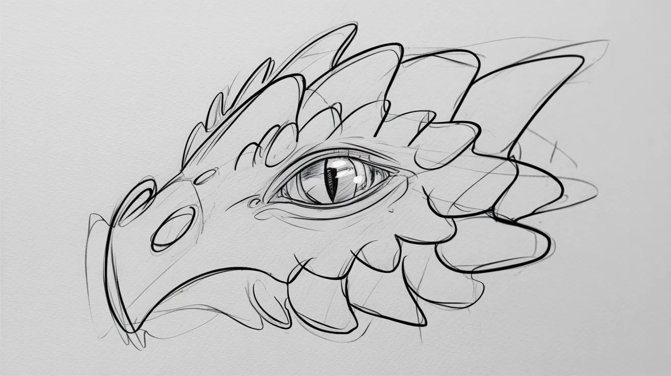 Dragon eye drawing step with rough scale patterns added around the eye in pencil