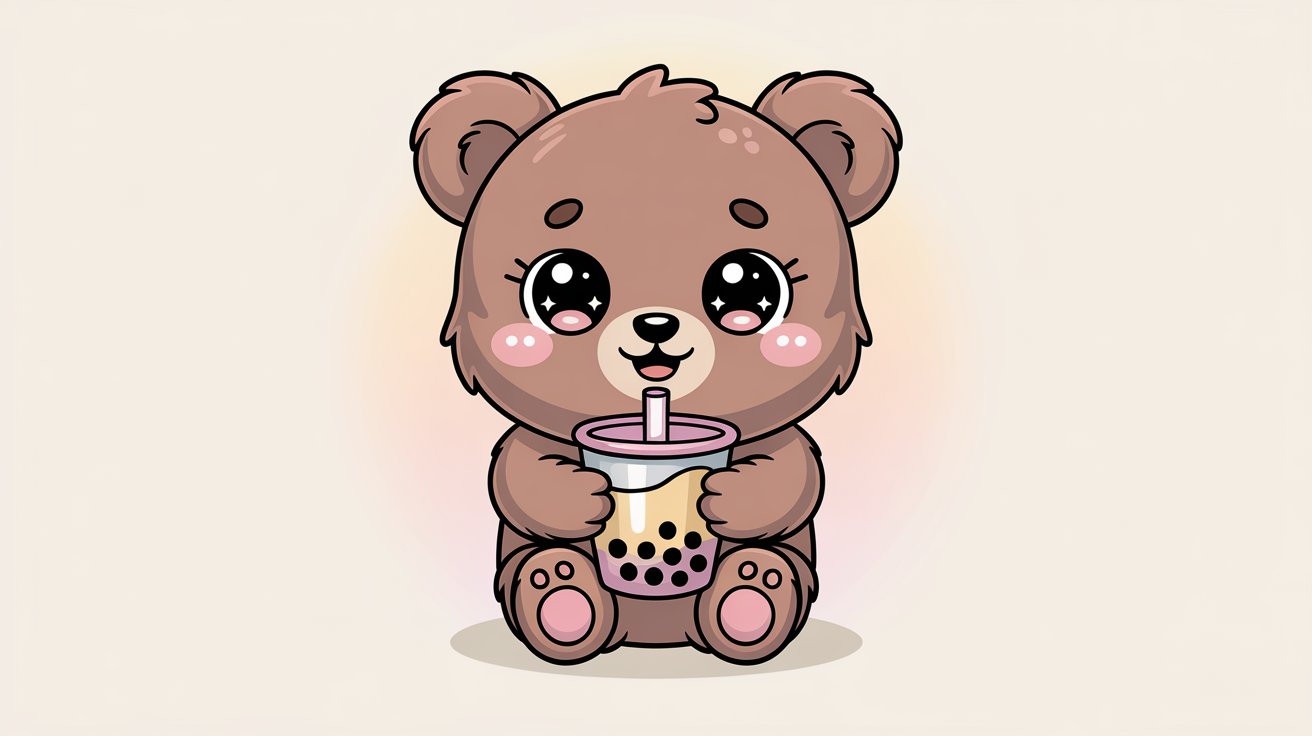 Kawaii bear with starry eyes sips purple bubble tea with boba.
