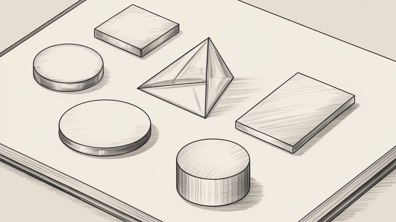 Pencil sketch of cylinders, square, pyramid, rectangle. Learn volume using simple shapes first.