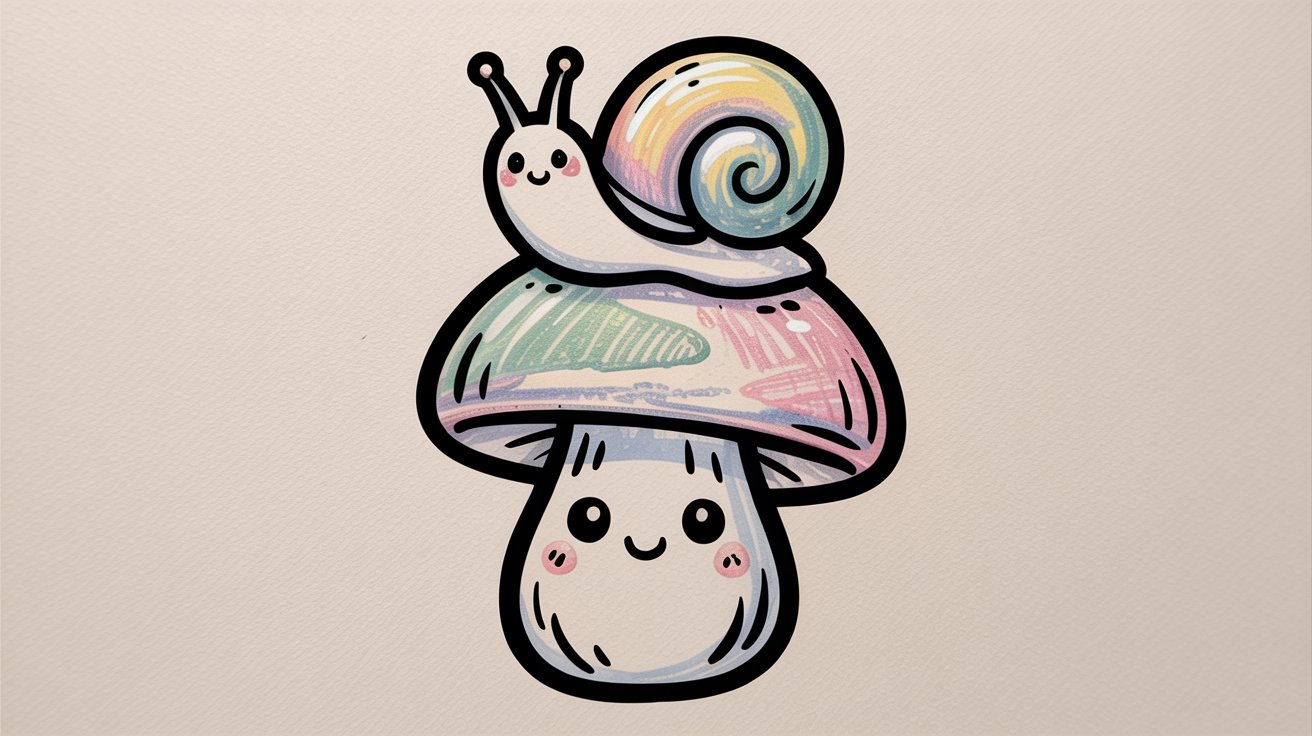 Blushing kawaii mushroom with a pastel watercolor cap has a smiling snail on top.
