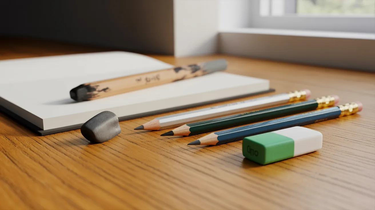 "A desk featuring a pencil, pen, and a sheet of paper arranged neatly on its surface."