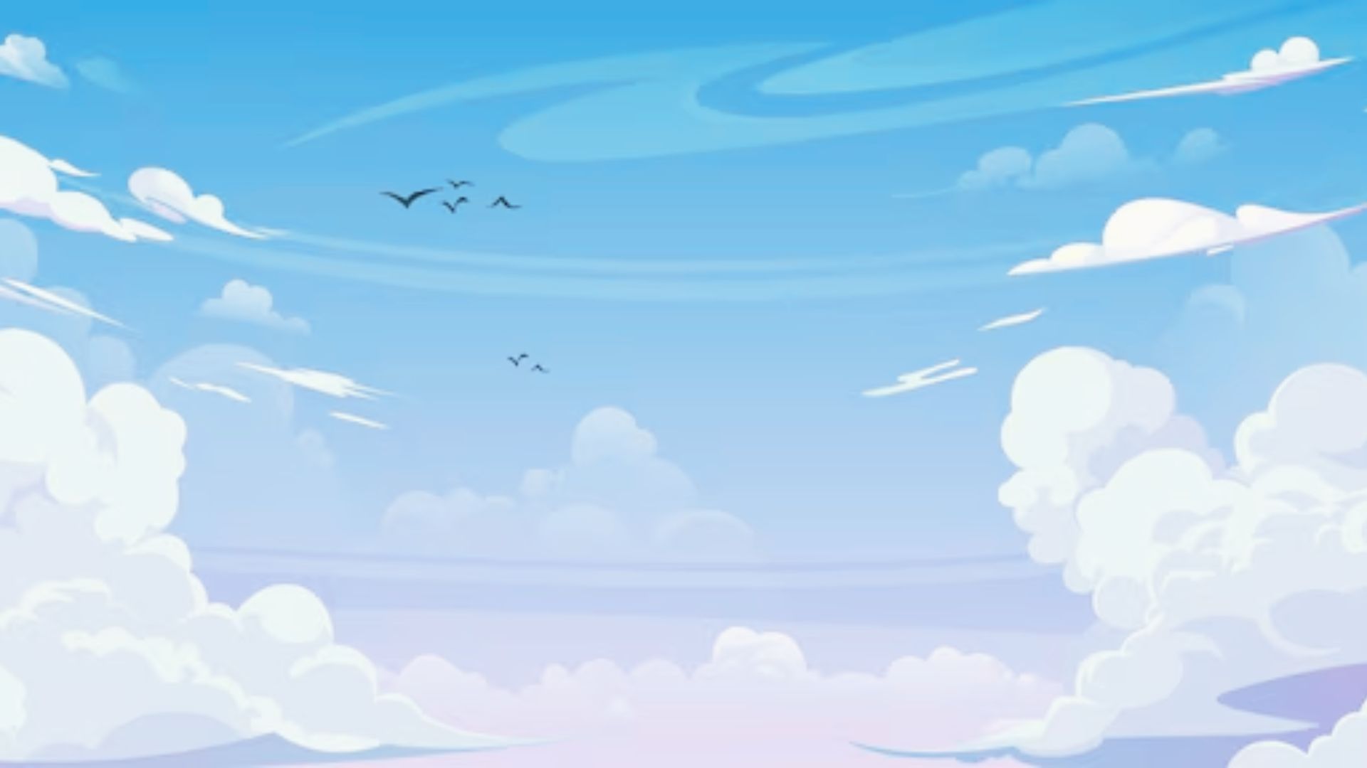 Cartoon style illustration of fluffy white clouds scattered across a bright blue sky,