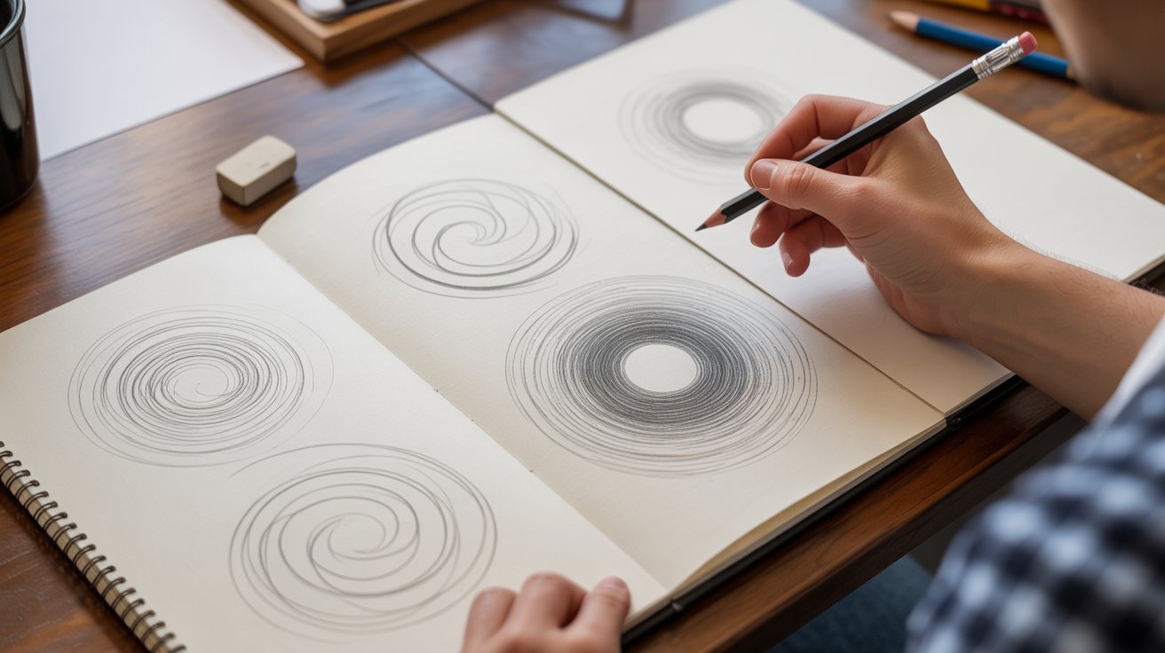 "Sketchbook with spiral drawing warm up showing smooth continuous pencil spirals"