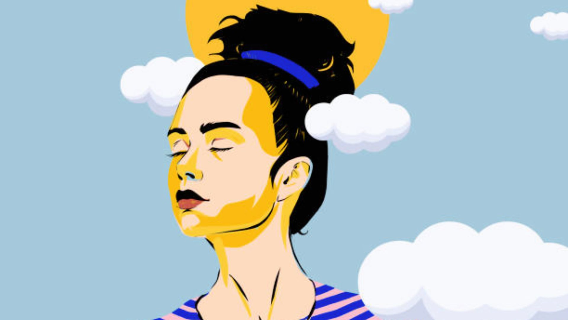 A woman with eyes closed, basking in sunlight with a yellow sun and simple white clouds on a blue sky background, an easy aesthetic cloud drawing idea.