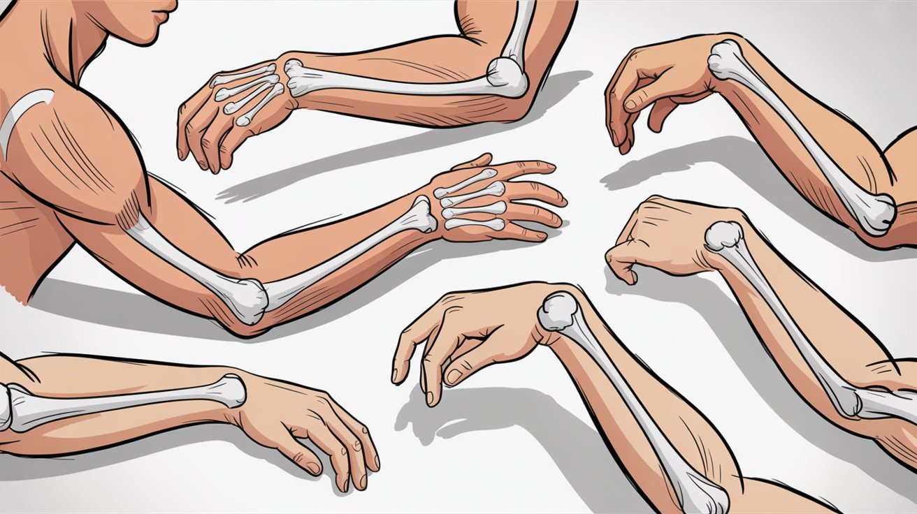 Arm structure and movement showing joints rotation and flowing gesture lines in dynamic pose