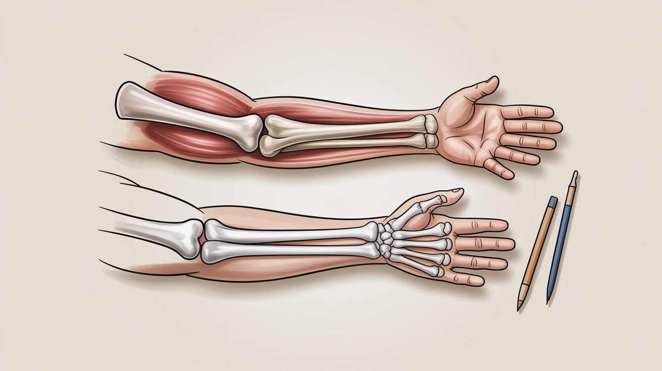 Human arm anatomy showing bones sections and proportions in clean instructional illustration style