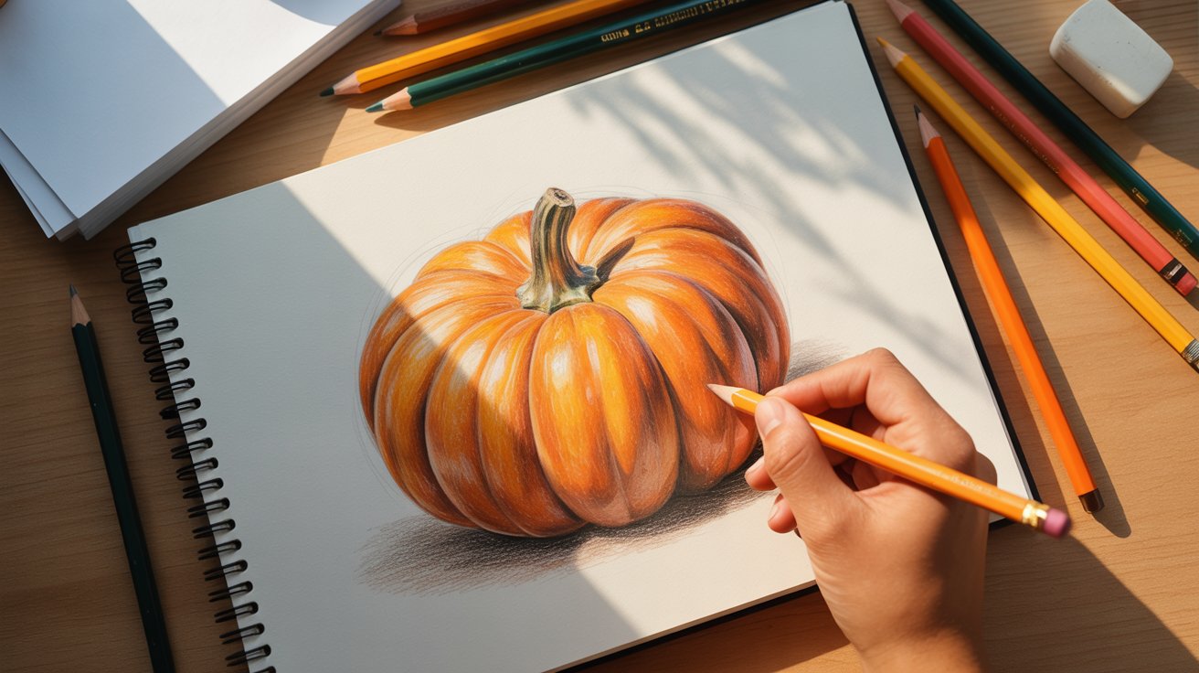 Hand coloring a realistic orange pumpkin with orange pencil in sketchbook for easy pumpkin drawing