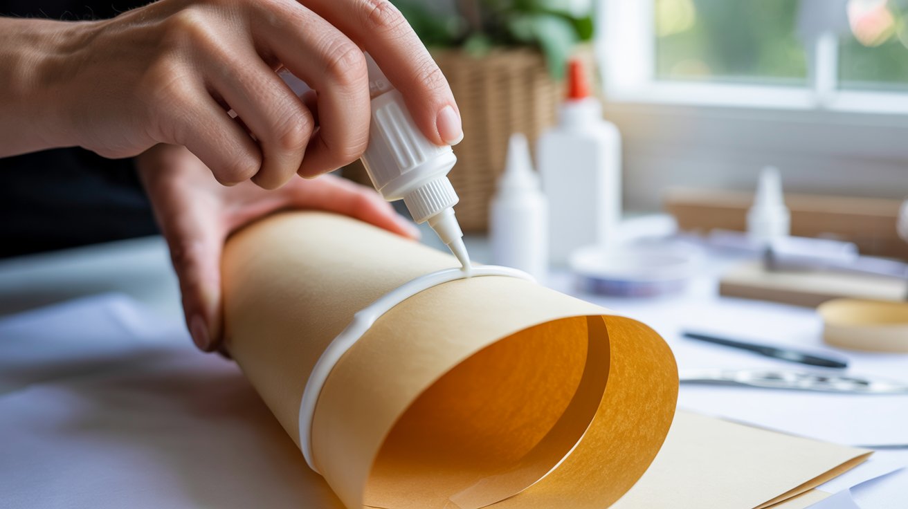 Gluing the edges of a paper cone to secure the party hat shape