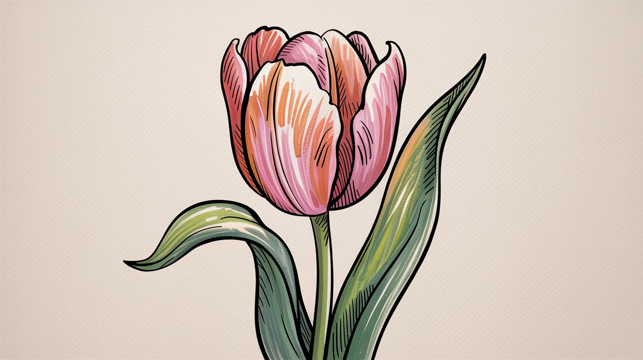 Single pink and peach tulip illustration with thick black outlines and green leaves on textured paper.