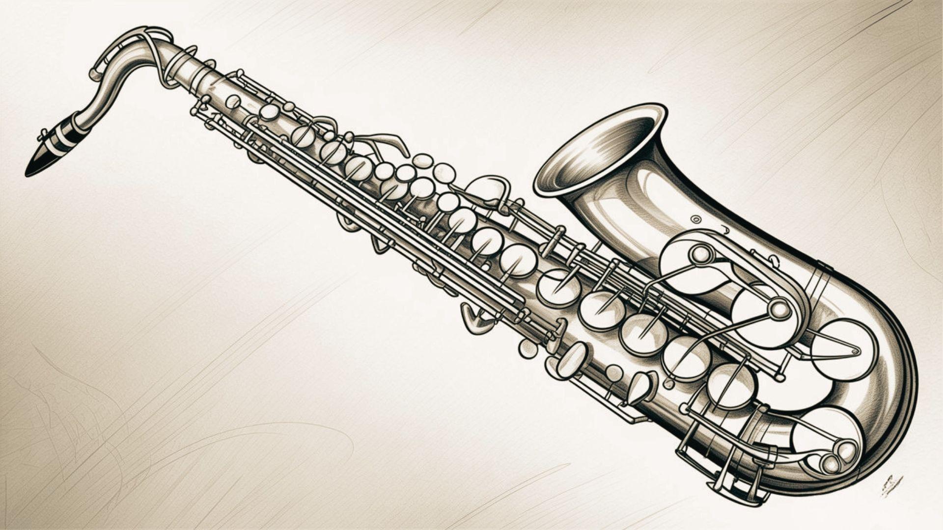 Crisp grayscale digital drawing of a saxophone with balanced linework and subtle shading on a white background.