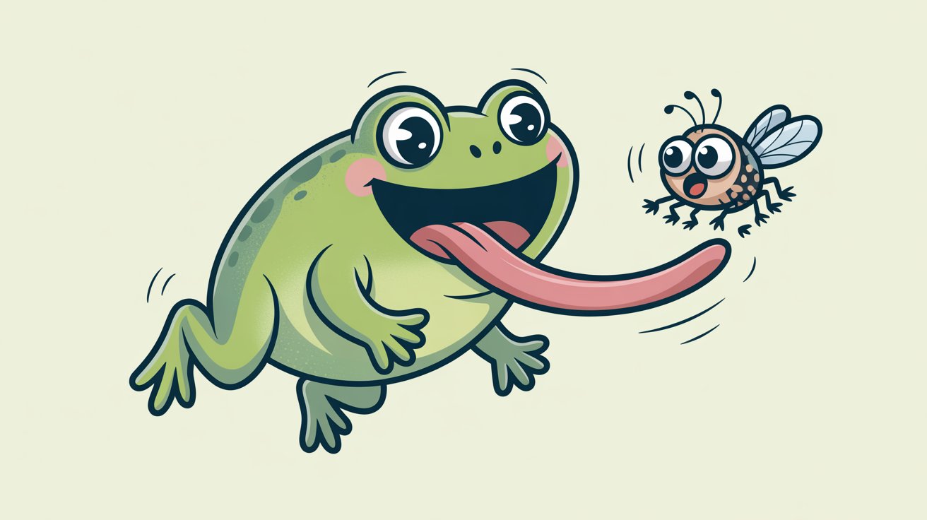 Excited green cartoon frog leaps with tongue out to catch a surprised fly on pale green background