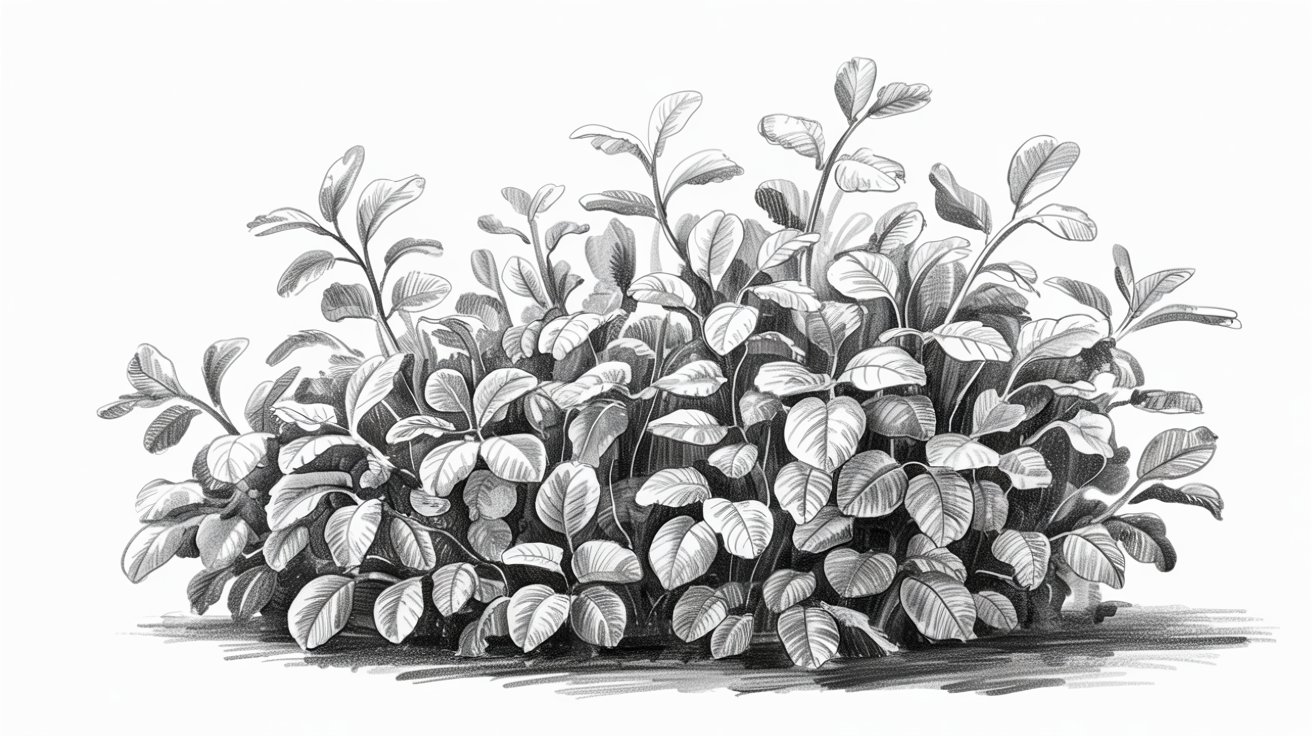 Highly detailed realistic pencil bush drawing showing dense leaf clusters