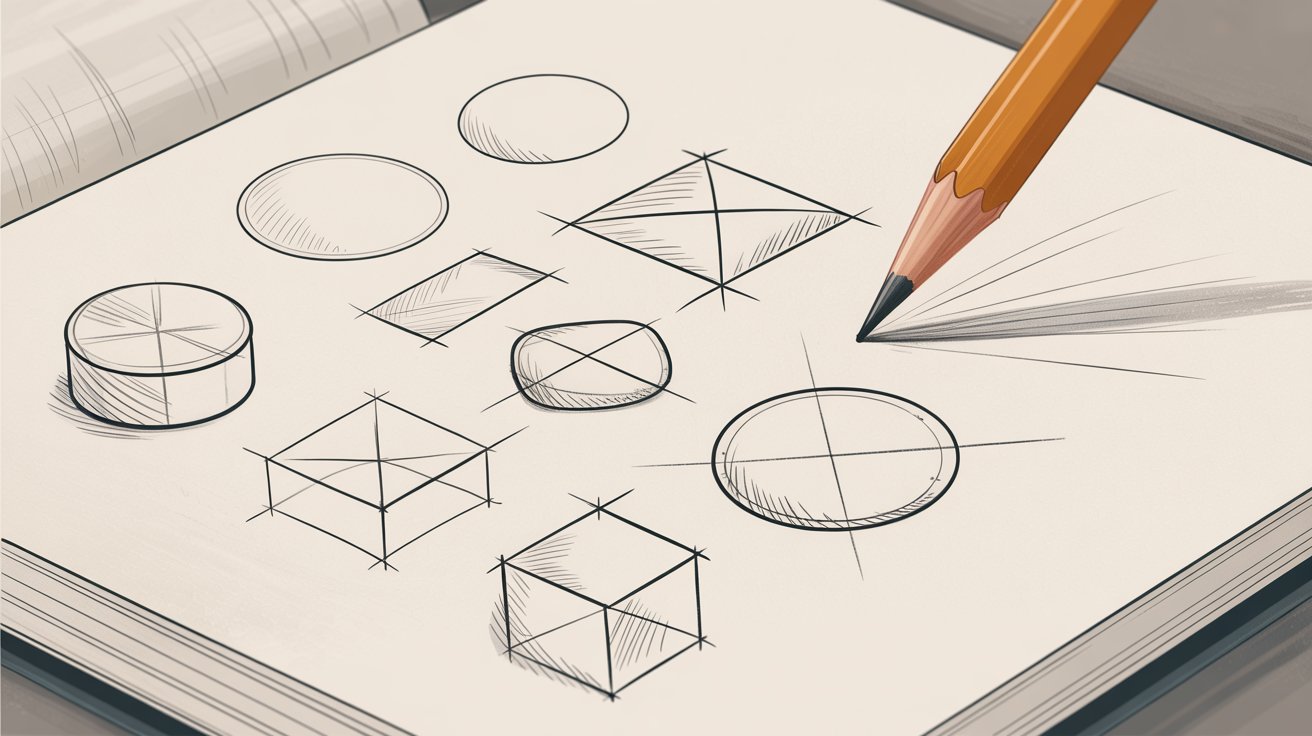 Pencil shading cubes, ovals, diamonds on paper. Build complex objects from simple shape basics.