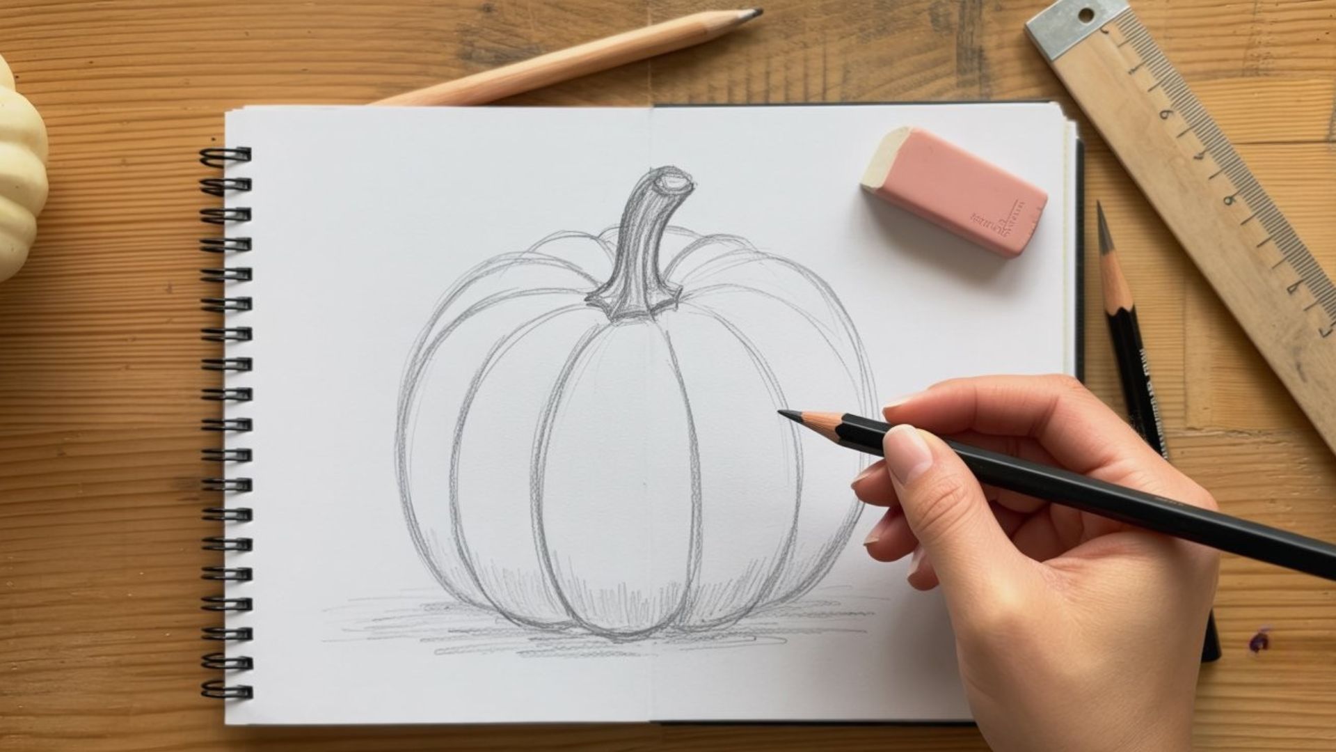 Outlining pumpkin shape and stem with pencil on paper, adding face guide circle for easy drawing