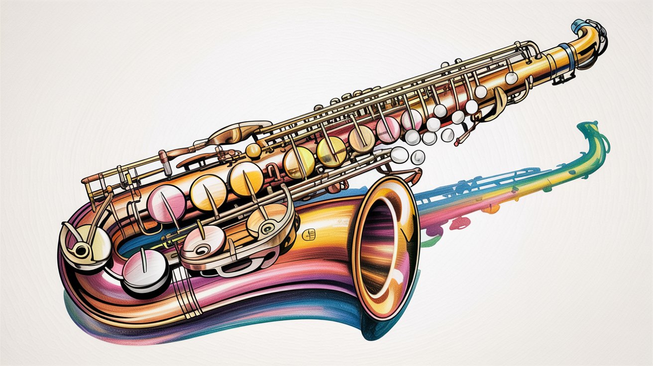 Detailed color marker drawing of a saxophone with rainbow shading and a flowing, multicolor shadow.