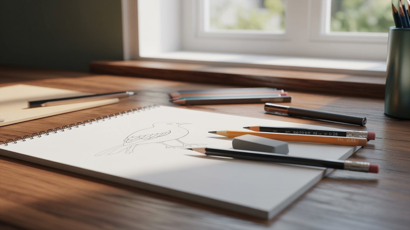 "A drawing pad, colored pencils, and a steaming cup of coffee arranged neatly on a wooden desk."