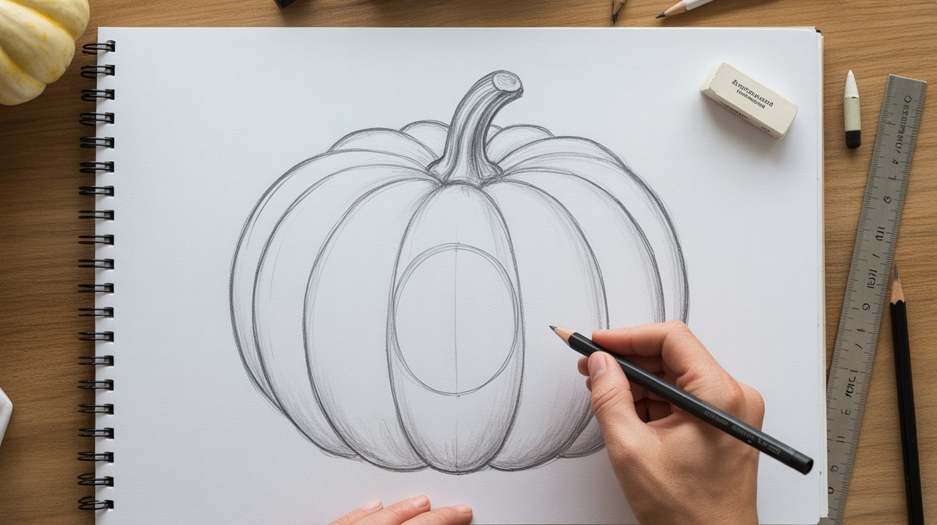 Outlining pumpkin shape and stem with pencil on paper, adding face guide circle for easy drawing