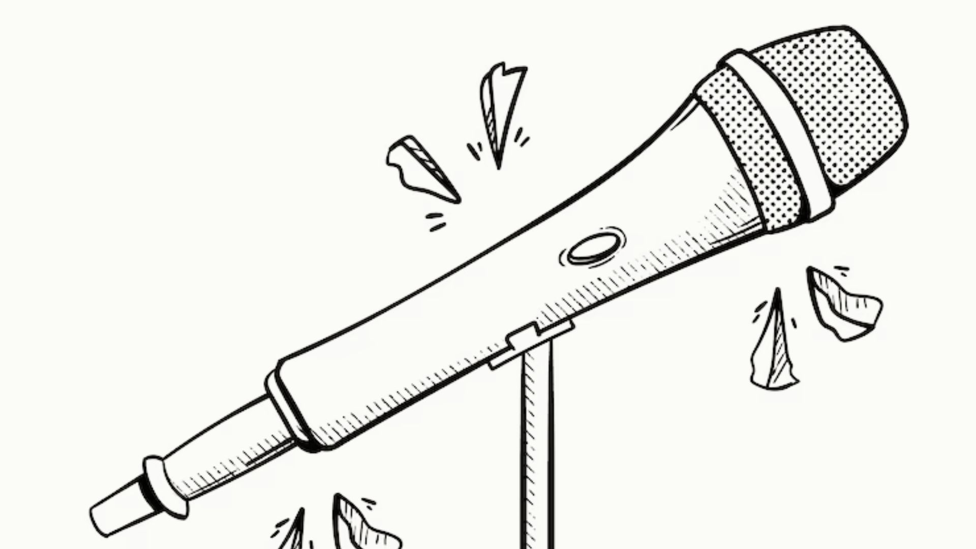 Hand-drawn black ink sketch of microphone on stand with dynamic burst lines and white space.