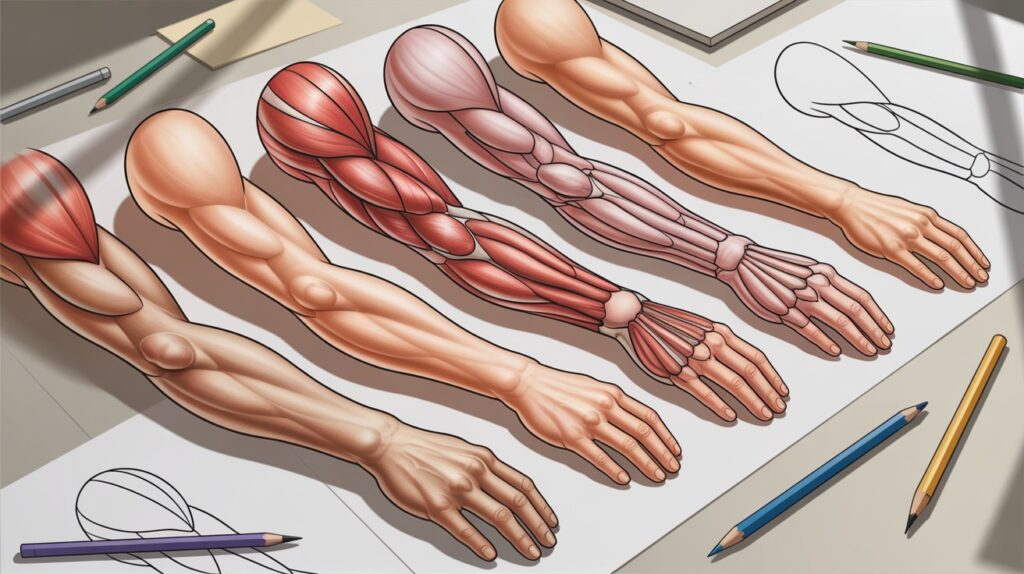 Step by step arm drawing stages showing shapes anatomy shading on clean background