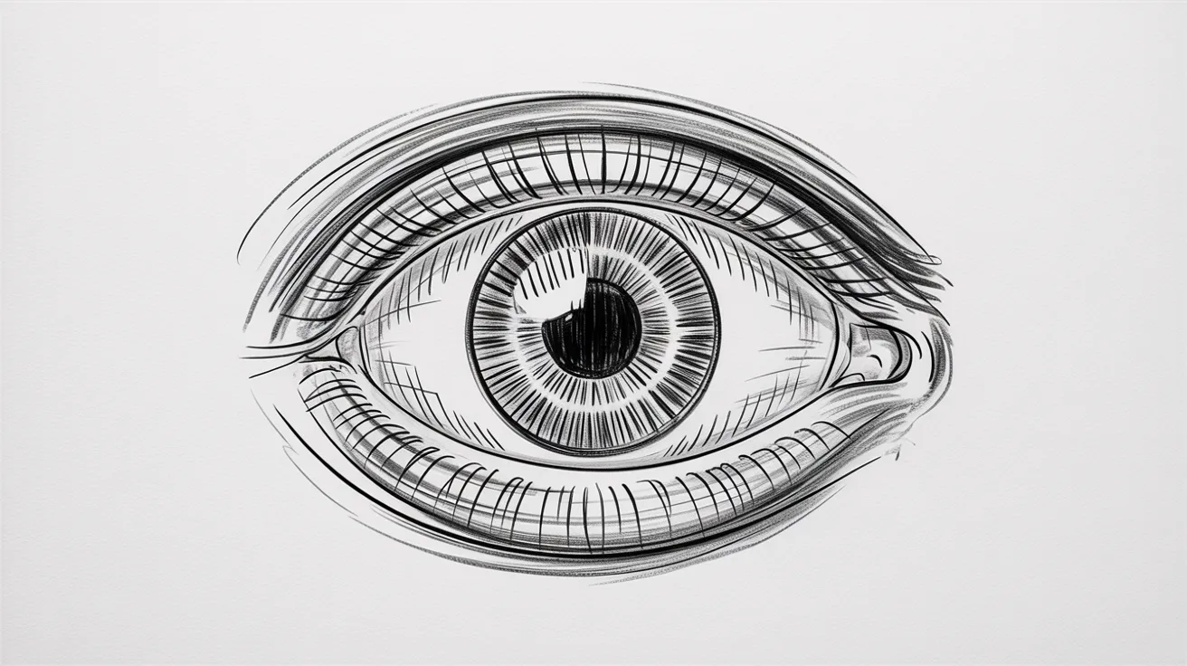 Dragon eye drawing step showing iris and vertical slit pupil drawn in simple pencil lines