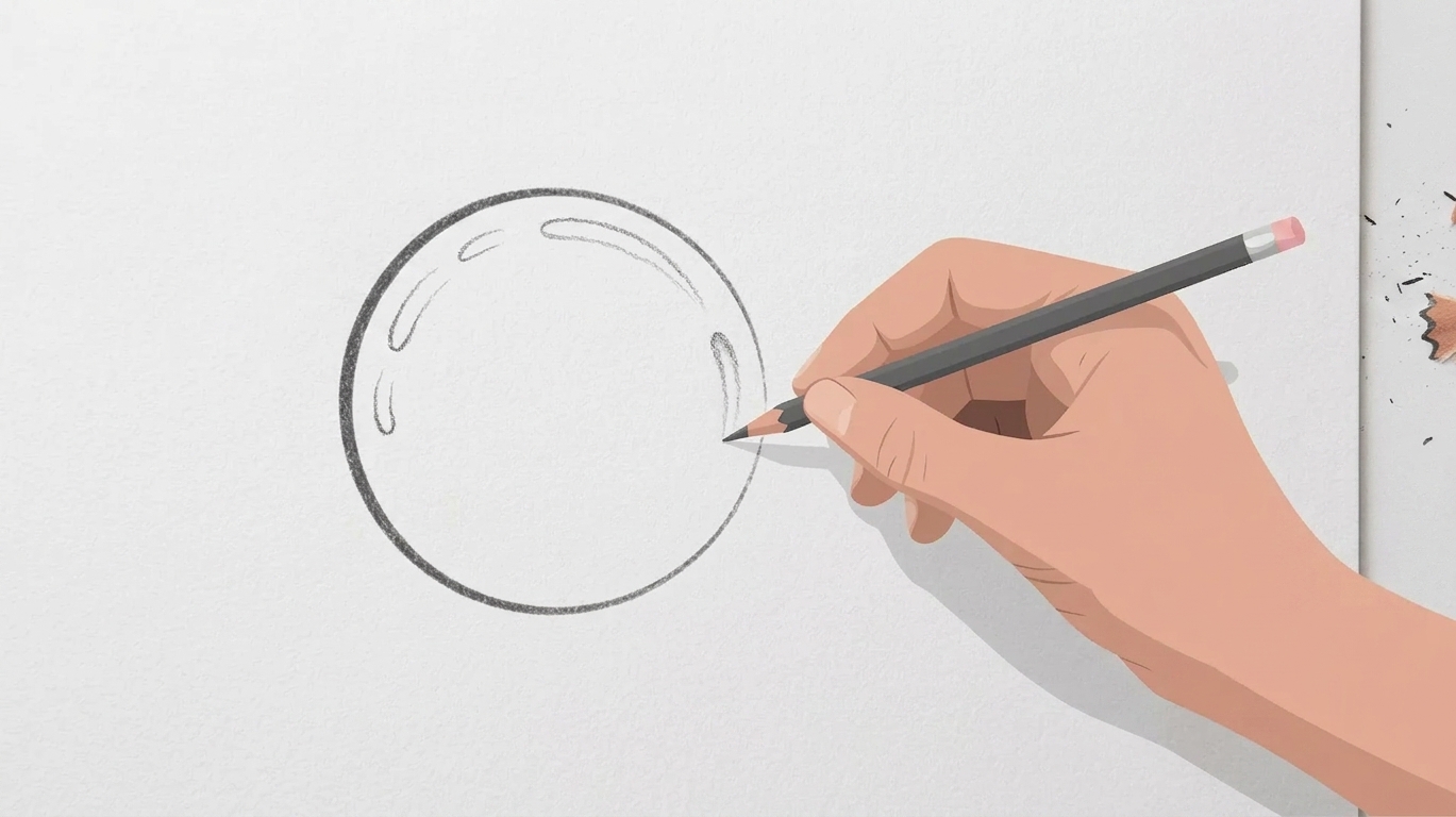 Circle sketch with curved highlight marks placed near edges for bubble shine