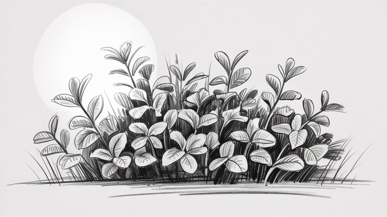Realistic pencil bush drawing with detailed individual leaves and grass blades.