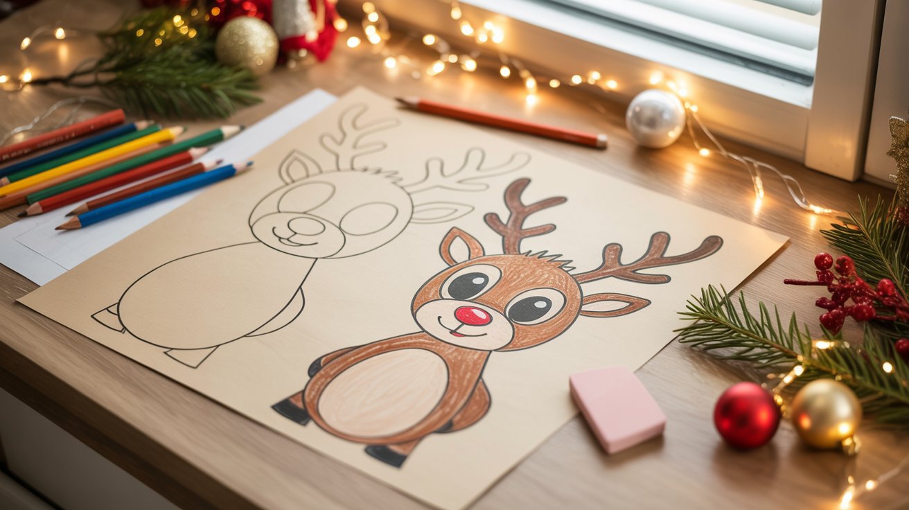 Beginner-friendly reindeer drawing with simple shapes, cozy holiday setup, pencils, soft lighting, festive atmosphere