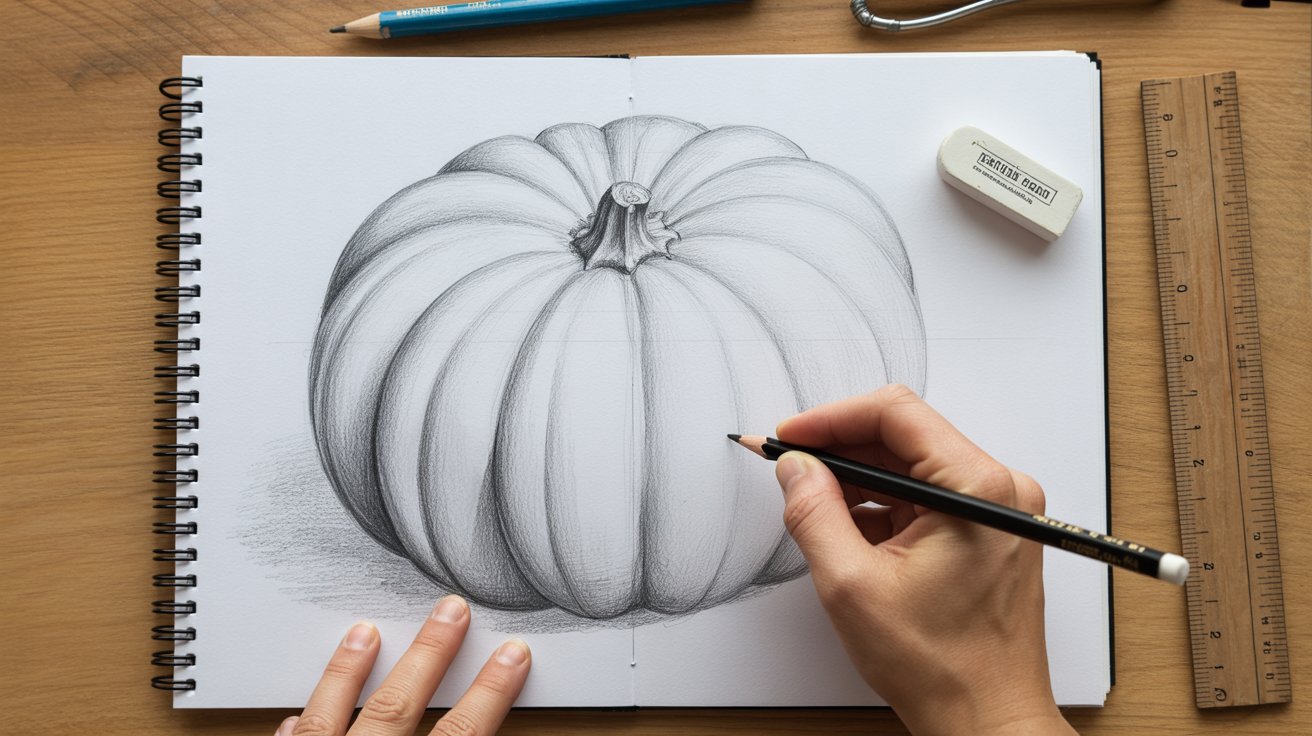 Adding detailed shading to realistic pumpkin drawing with pencil, eraser and ruler on table top