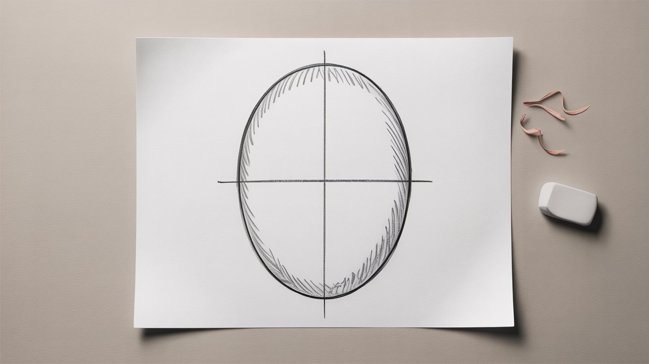 Oval head sketch with light guidelines on paper, simple reindeer drawing starting step