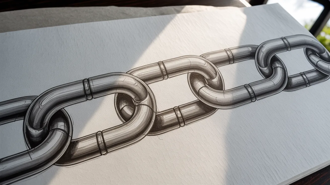 Chain drawing with pen outlines and shaded links showing depth and metallic effect