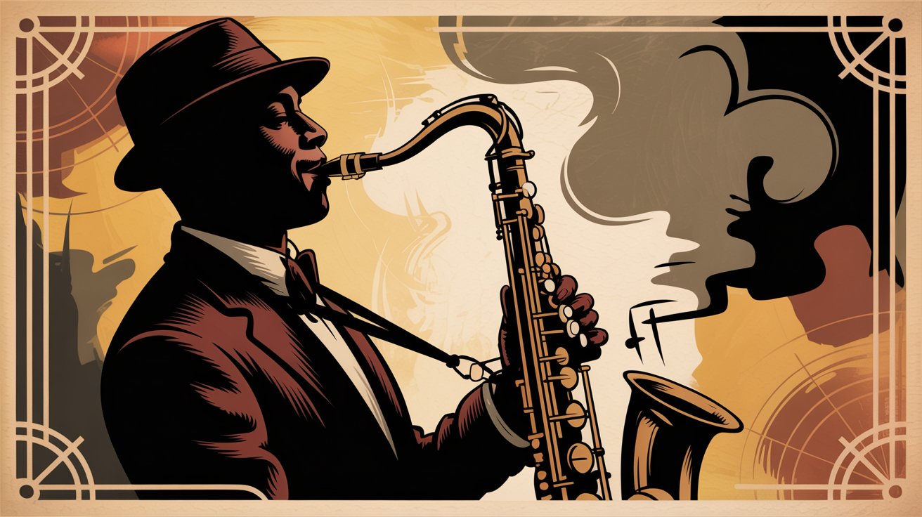 Art Deco illustration of a jazz musician in a fedora and suit playing a saxophone against a warm amber background.