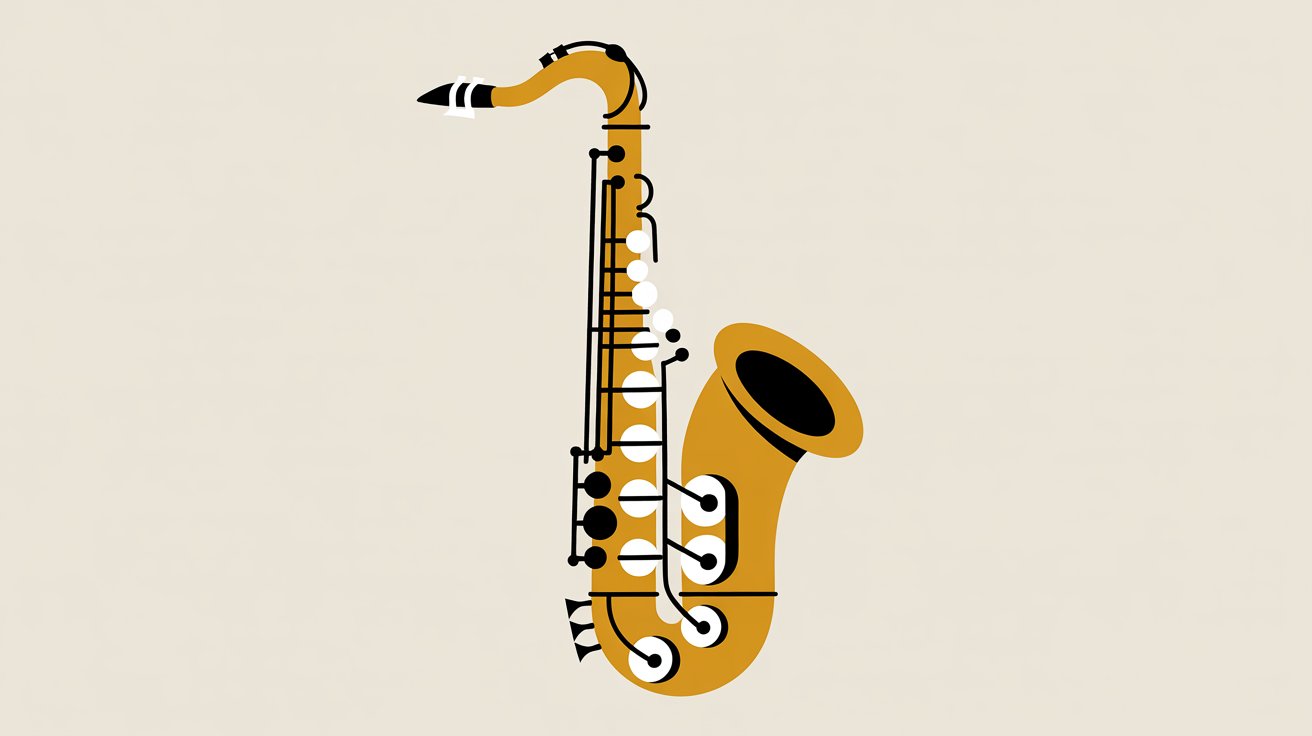 Simplified flat-design vector of a mustard-yellow saxophone with geometric black and white keys on cream.