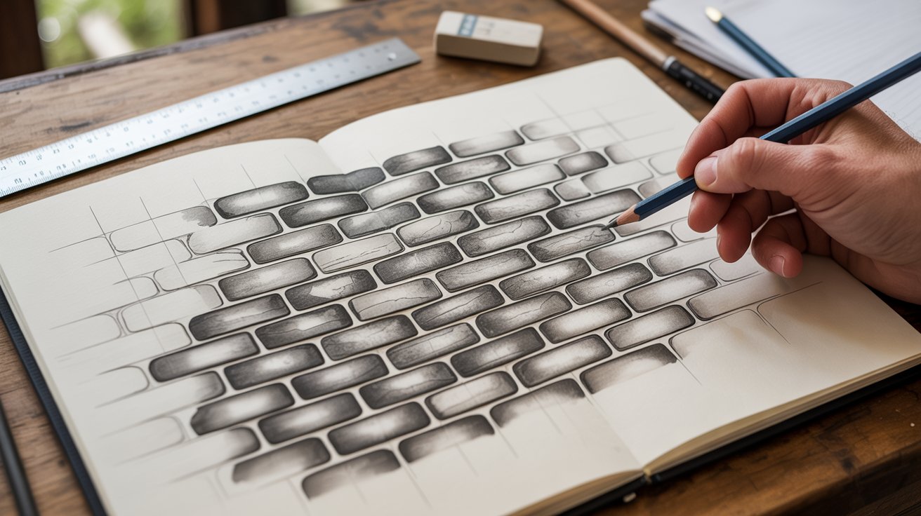 "Realistic brick wall drawing showing staggered pattern, perspective lines, and accurate mortar spacing in sketchbook"