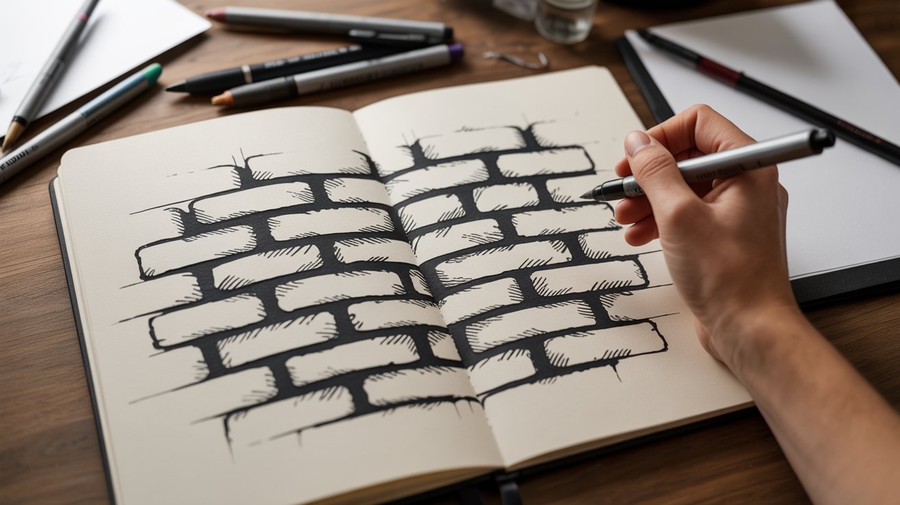 "Stylized brick wall sketch with bold outlines, exaggerated shapes, and expressive crosshatching in a sketchbook"
