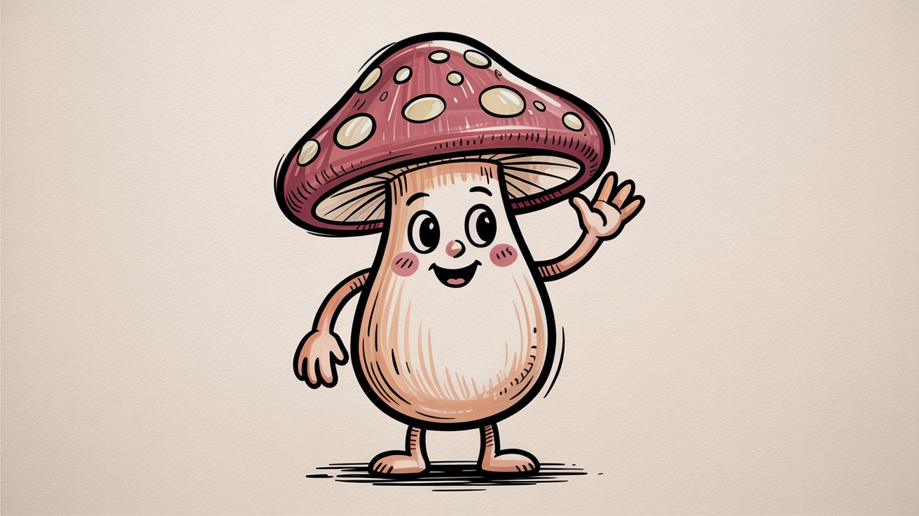 Cheerful cartoon mushroom with arms and legs waves hello under a mauve spotted cap.