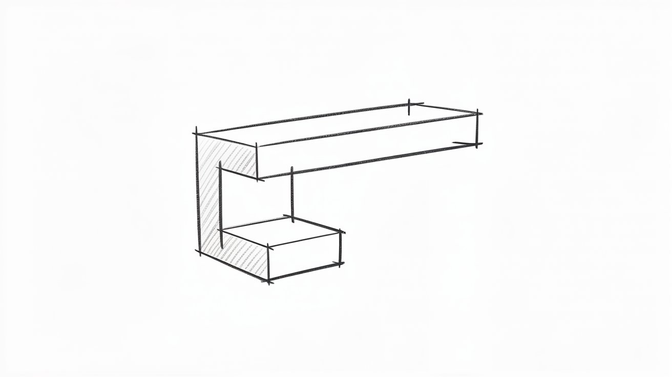 Geometric pencil sketch breaking down a gun into 3D rectangular forms.