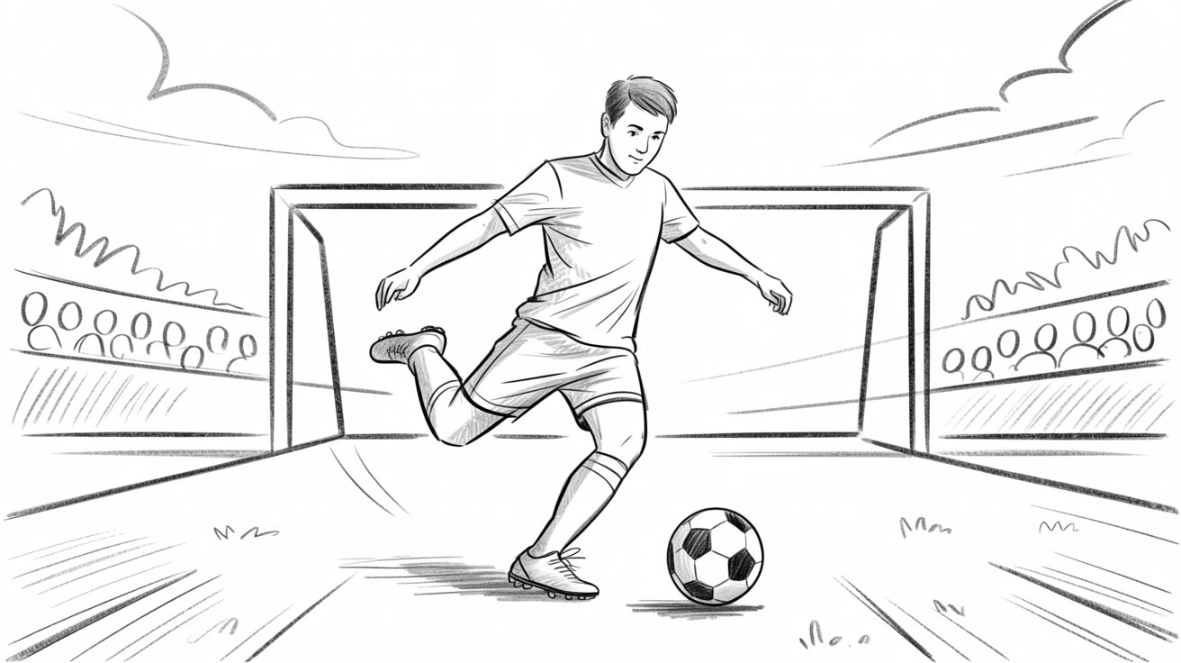 Simple soccer scene player kicking ball goal background field clouds sketch tutorial illustration