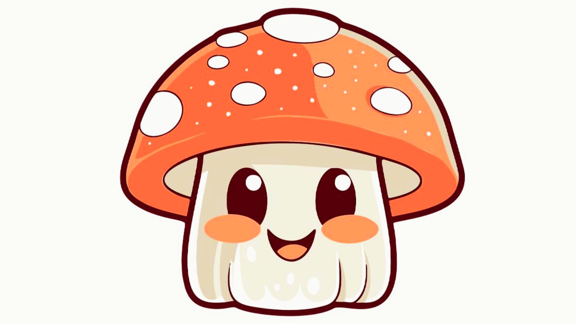 Kawaii mushroom with a big orange spotted cap, huge sparkly eyes, and rosy cheeks smiles widely.