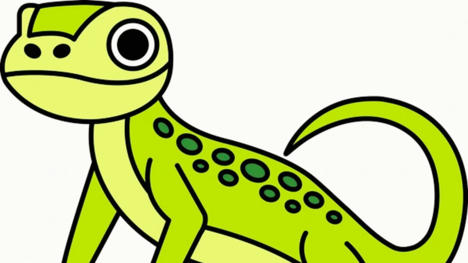 Cheerful cartoon lizard in bright green with dark green spots and large round eyes.