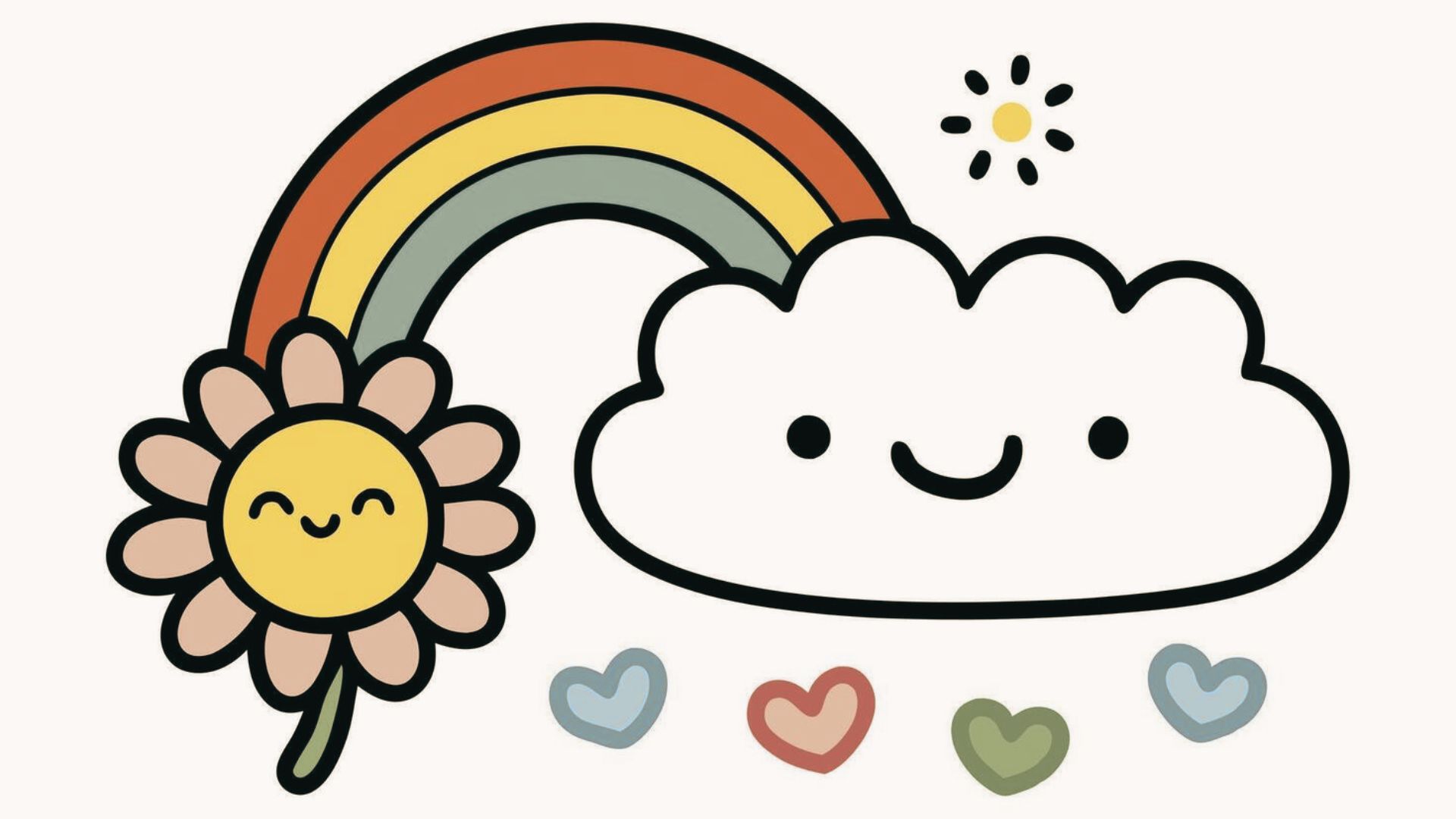 Outline drawing of a smiling cloud next to a happy sunflower under a rainbow, with colorful hearts and a small sun, a fun easy doodle style.